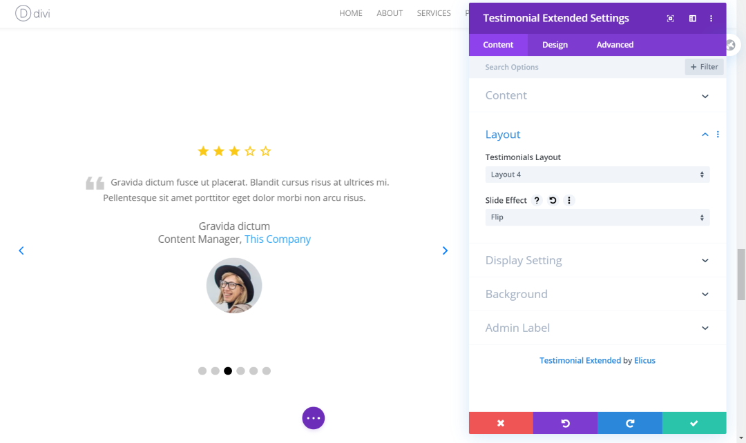 Divi Testimonial slider layout 4 with settings panel