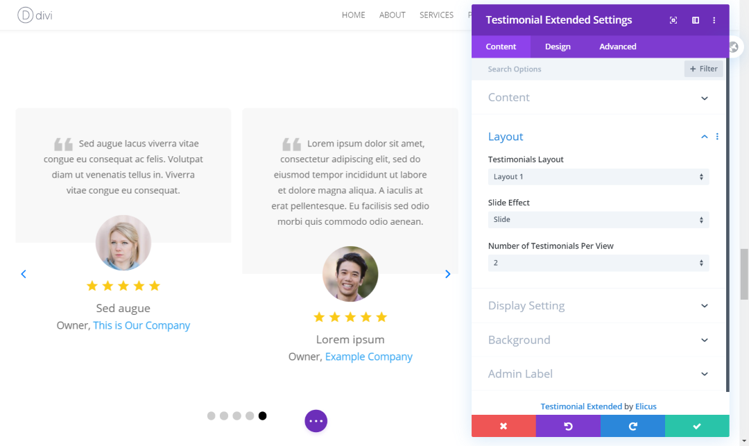 Layout settings of Testimonial Extended module