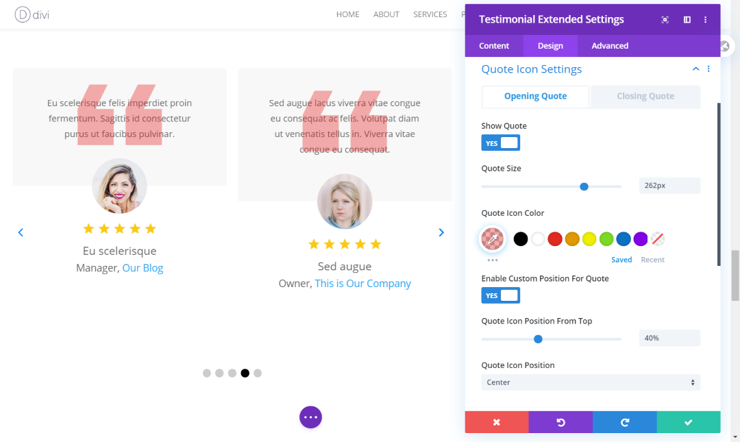 Quote Icon settings of the testimonial slider module