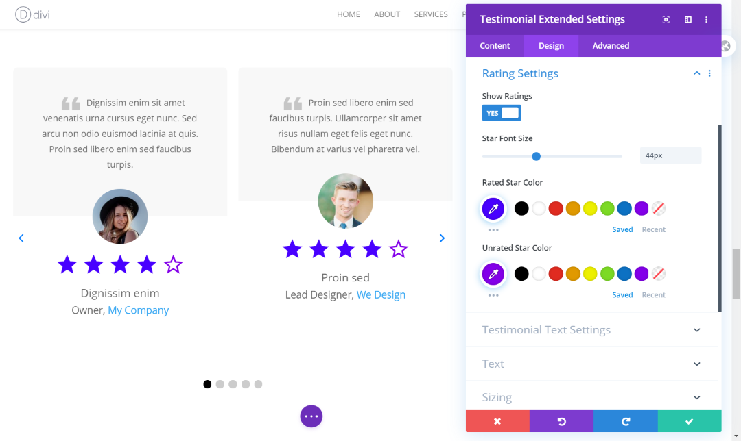 Divi testimonial slider ratings' settings