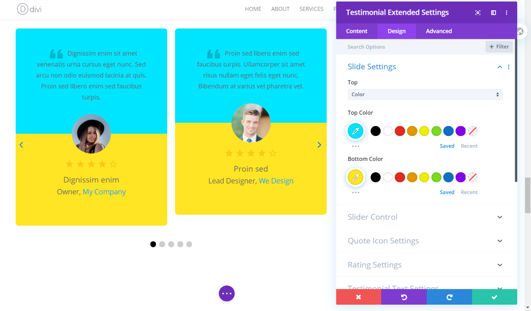 Divi testimonial slider's slide settings