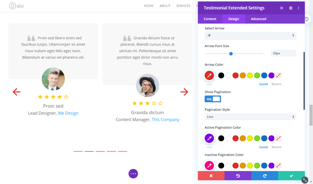 Slider control of the Divi testimonial slider
