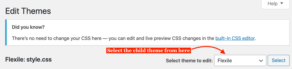 Child theme selection inside the Theme Editor WordPress