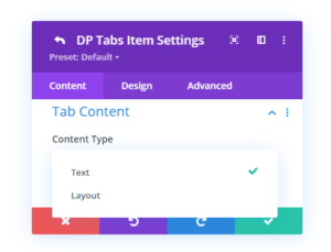 Divi Plus Tabs Content Type selection