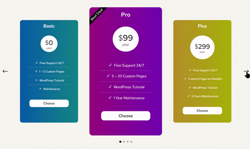 Pricing table carousel module for Divi Pricing table carousel module for Divi