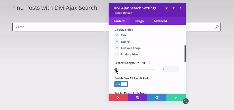 Divi ajax search plugin excerpt length