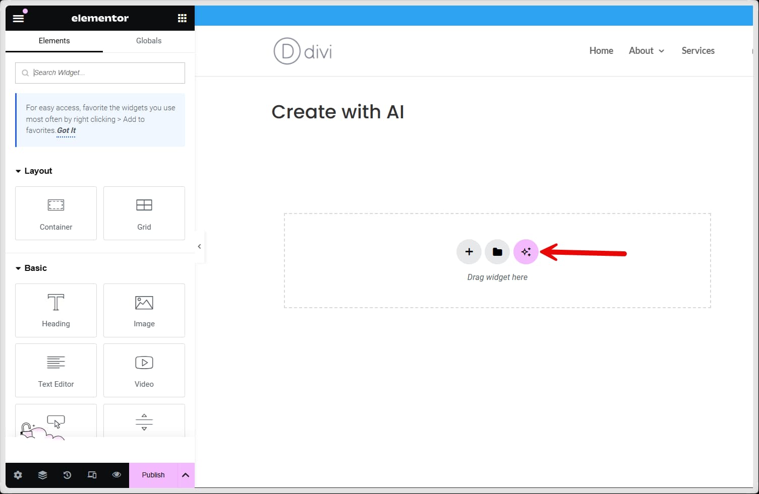 Create container with Elementor AI